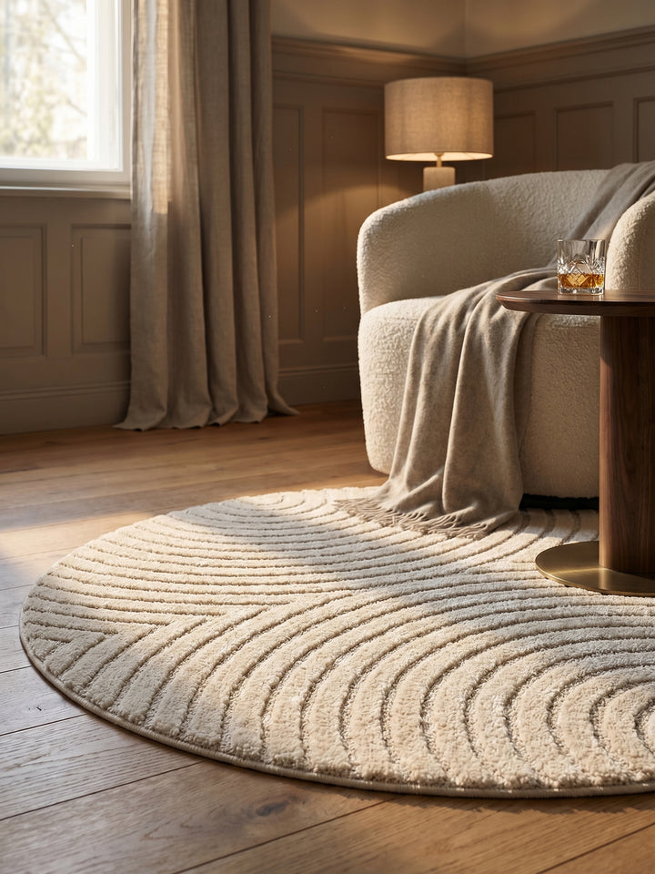 Teppich Creme rund Textur Nahaufnahme Detail_