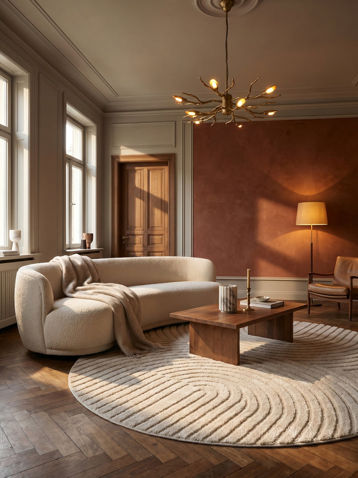 Teppich Creme rund im Wohnzimmer Einrichtungsidee_