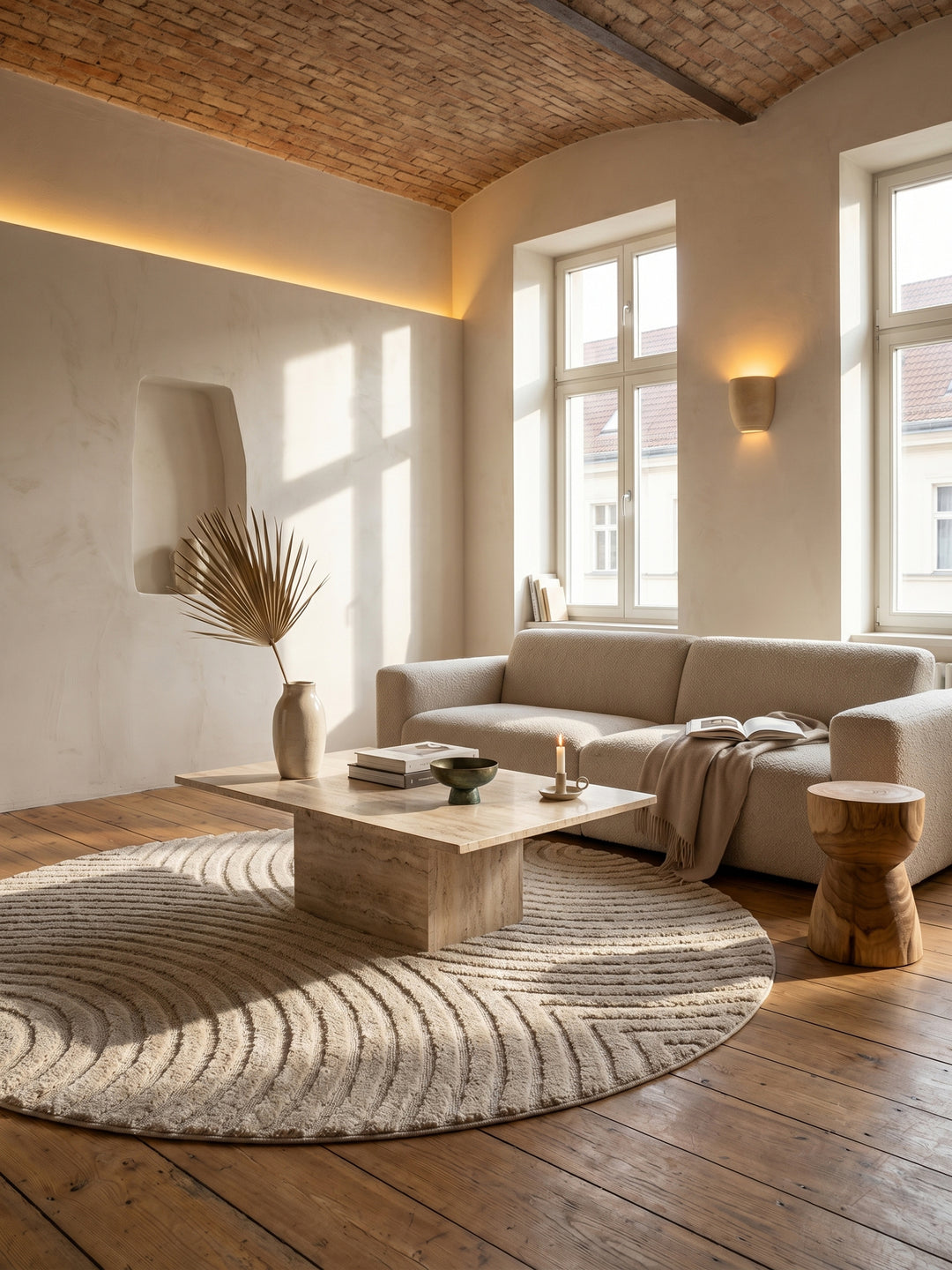Teppich Beige rund im Wohnzimmer Einrichtungsidee_