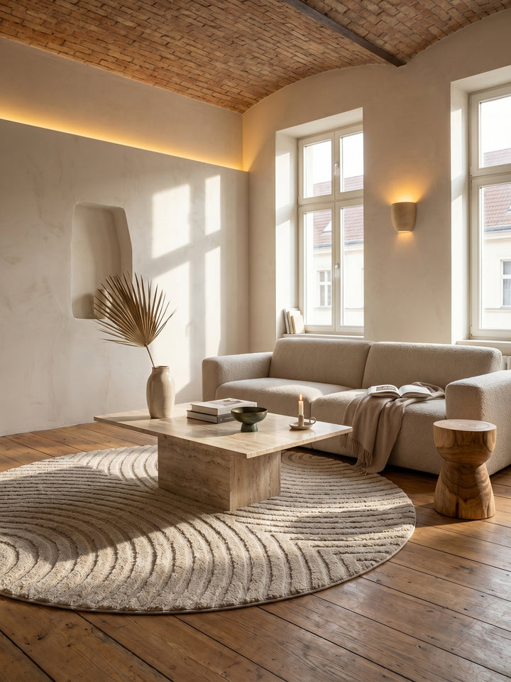 Teppich Beige rund im Wohnzimmer Einrichtungsidee_
