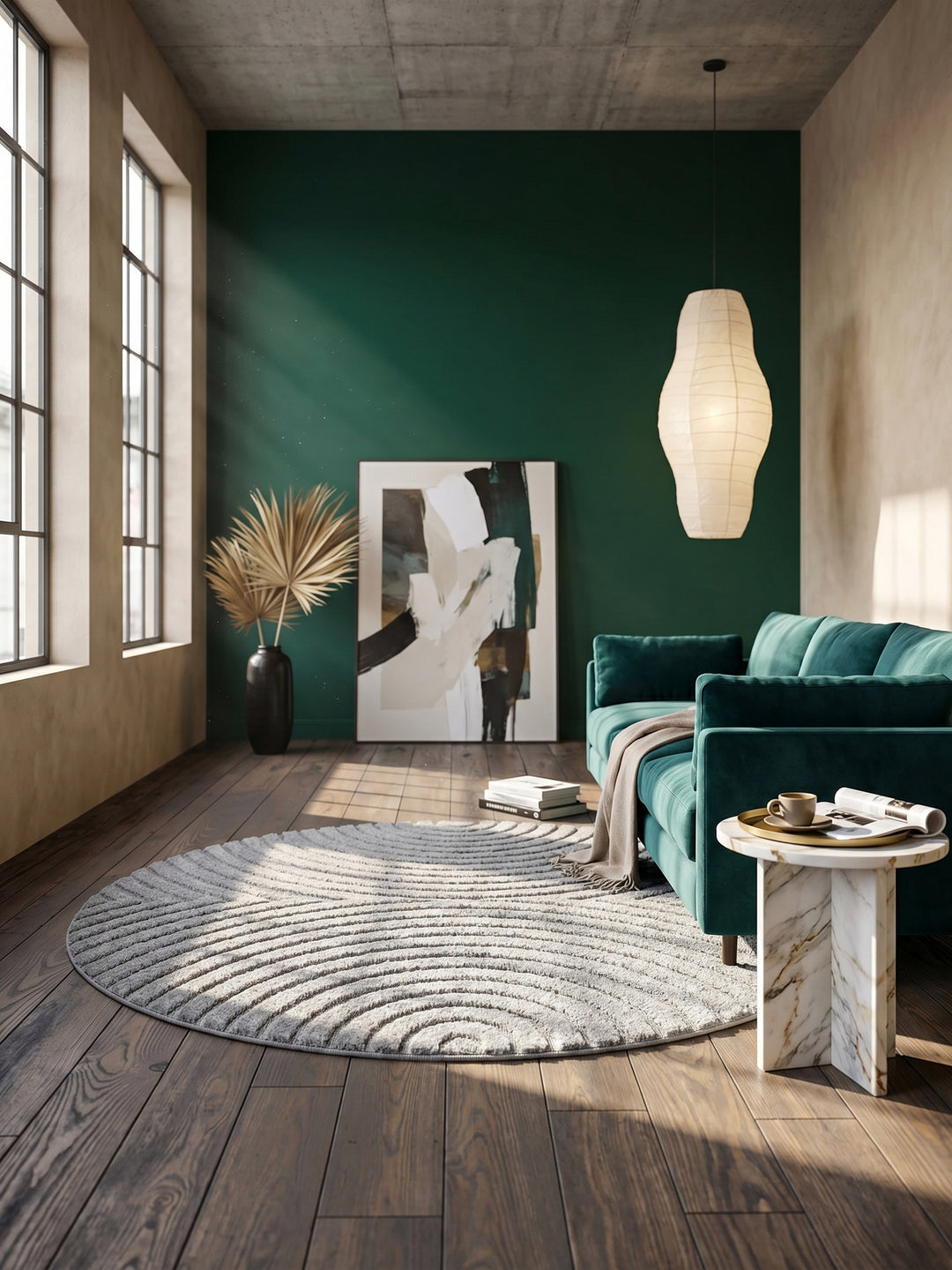 Teppich Silber rund im Wohnzimmer Einrichtungsidee_