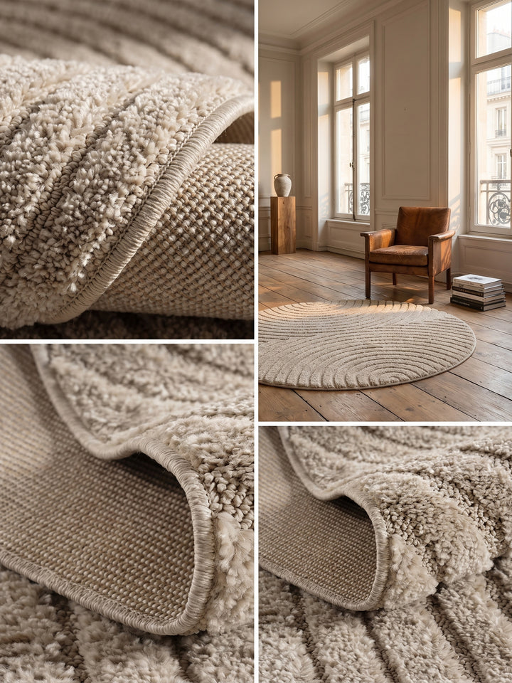 Teppich Beige rund Webstruktur Qualität_