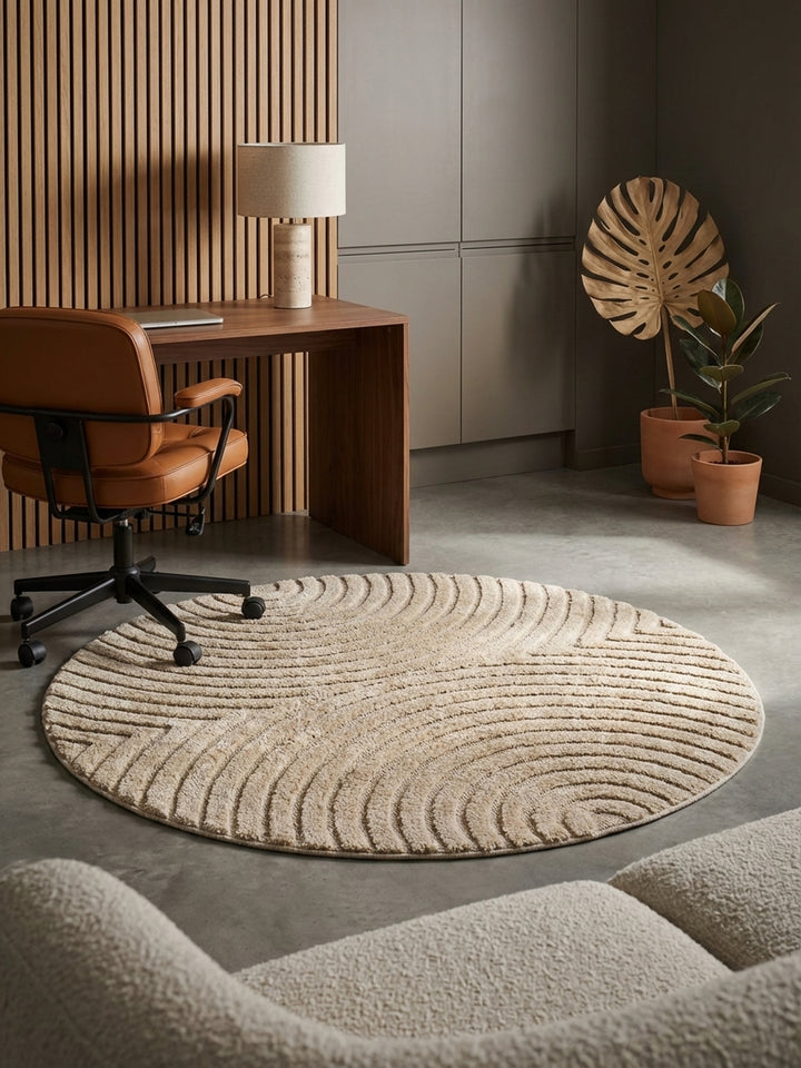 Moderner beigefarbener Teppich mit 3D-Struktur auf poliertem Betonboden in einem Home Office mit Schreibtisch aus Walnussholz und Lederstuhl._