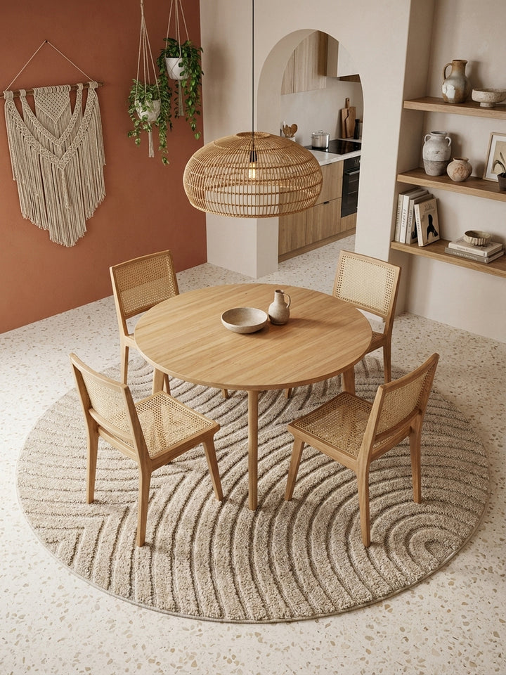 Runder beiger Teppich unter einem Holztisch mit Wiener-Geflecht-Stühlen in einem Boho-Essbereich mit Terrakotta-Akzentwand._