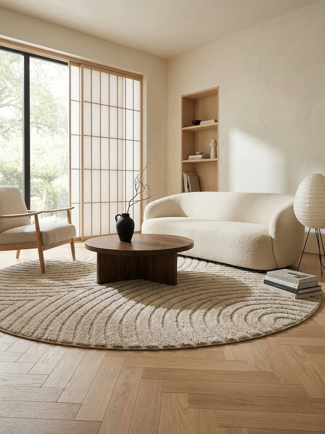 Runder beigefarbener Teppich mit Bogenmuster als Mittelpunkt eines Japandi-Wohnzimmers mit hellem Holzboden und cremefarbenem Bouclé-Sofa._