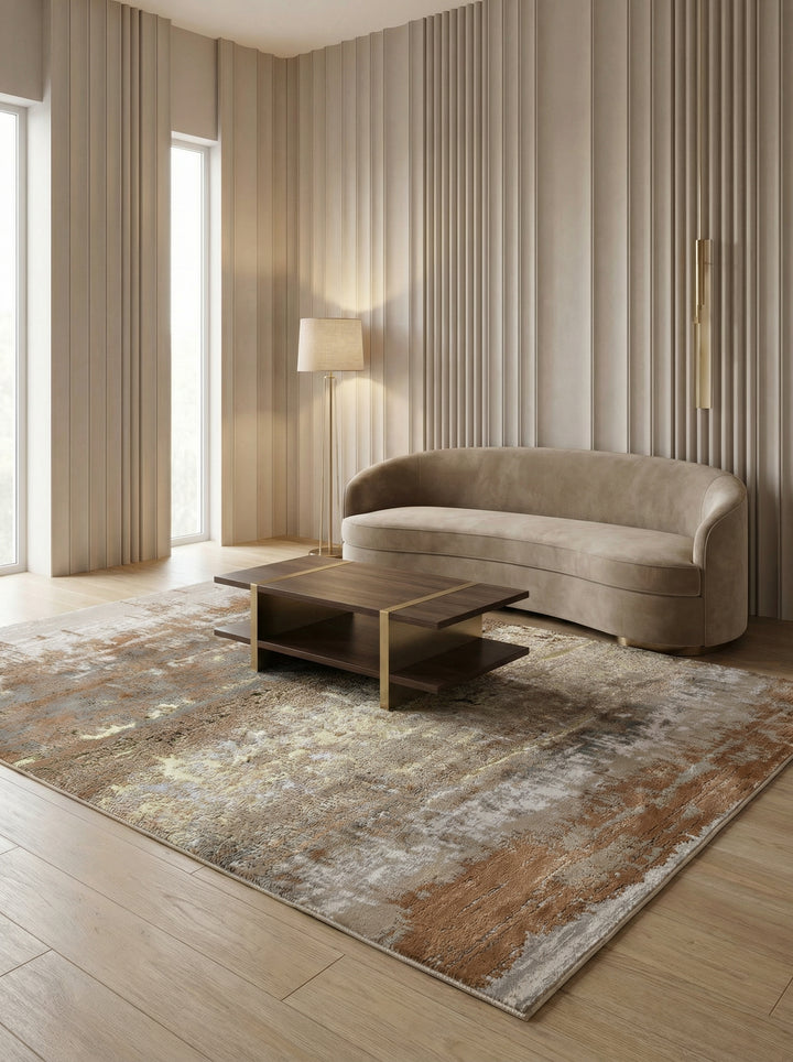Hochglanz-Metallic Teppich_Abstraktes Design in Gold-Champagner-Bronze_Pflegeleicht und Strapazierfähig - COMO-Bellagio - Kadima Design_