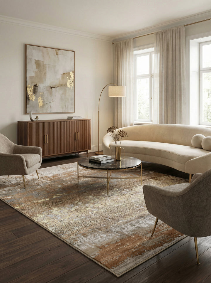 Hochglanz-Metallic Teppich_Abstraktes Design in Gold-Champagner-Bronze_Pflegeleicht und Strapazierfähig - COMO-Bellagio - Kadima Design_