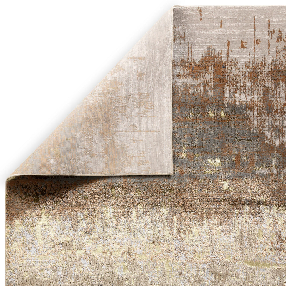 Goldener Hochglanzteppich - kompakte Größe - abstrakte Formen - verleiht kleinen Räumen Tiefe und Eleganz - Kadima Design_