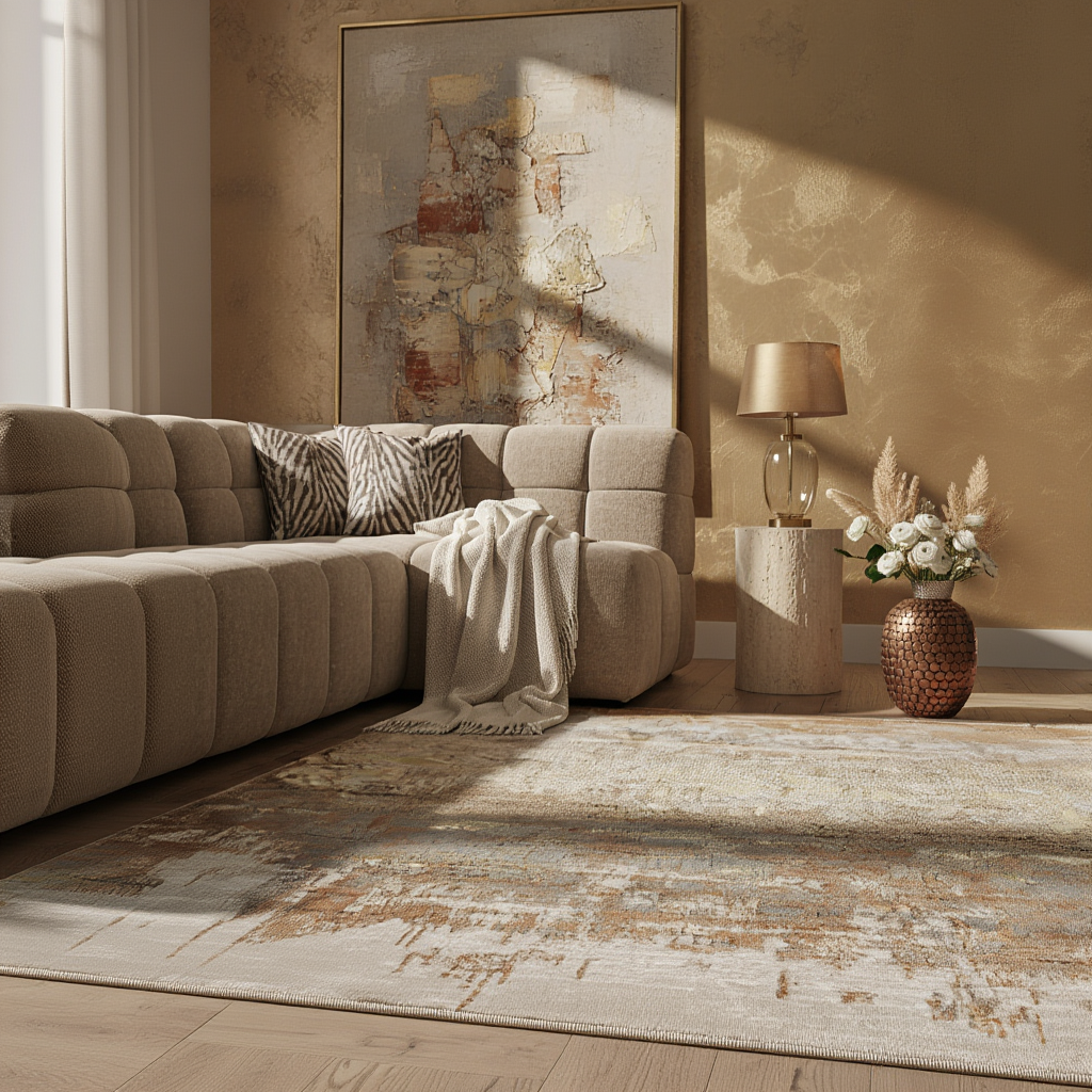 Hochglanz-Teppich - abstraktes Goldmuster - pflegeleichter Kurzflor für kleine Wohnzimmer - Kadima Design_