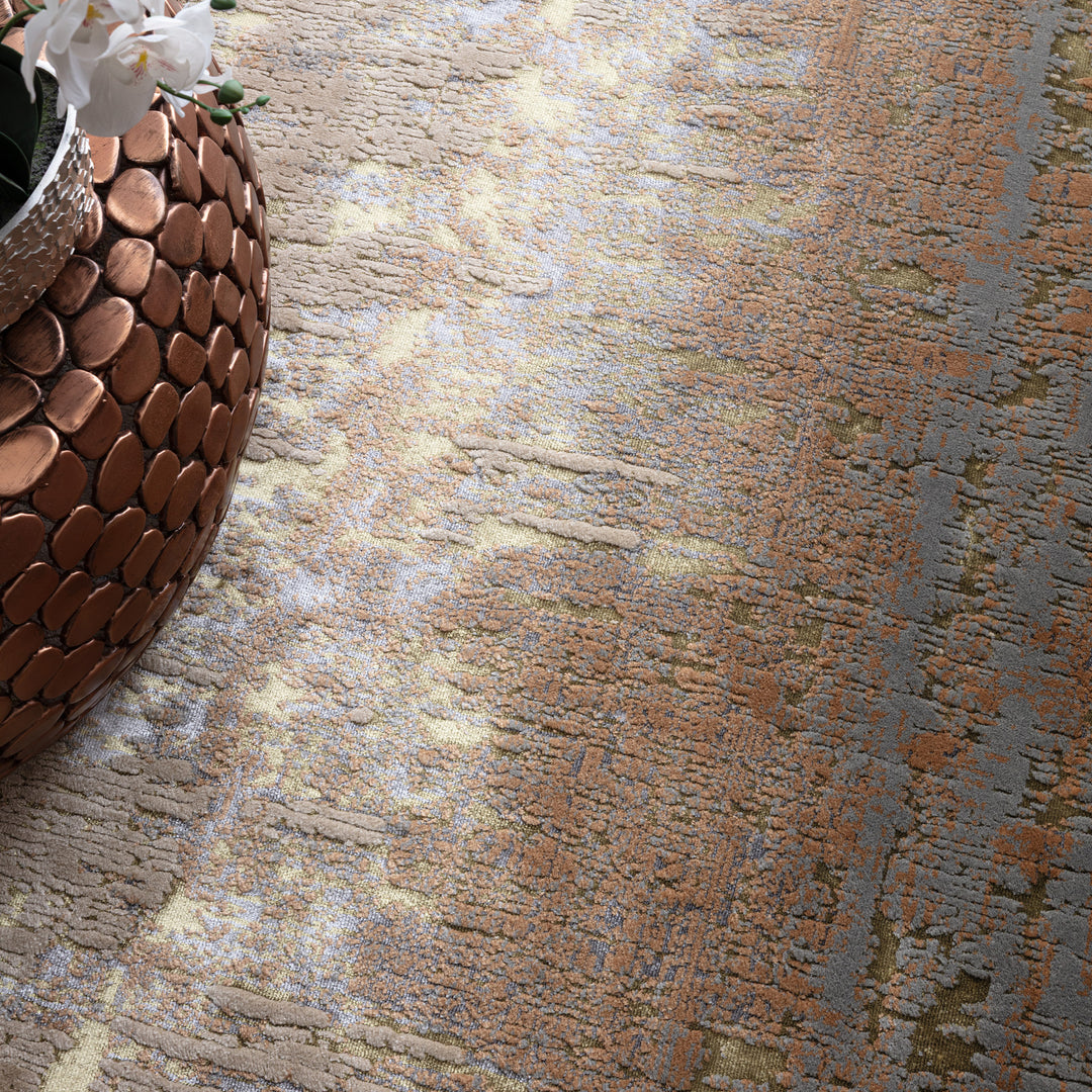 Hochglanz-Teppich - 200x290cm - 8mm Florhöhe - abstraktes Goldmuster - pflegeleichter Kurzflor für kleine Wohnzimmer - Kadima Design_