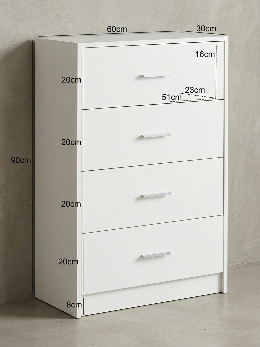 Rückwärtige und konstruktive Details der Hochglanz-Kommode. Präzise verarbeitete Spanplatten und stabile Schubladenführungen garantieren höchste Langlebigkeit im modernen Alltag._