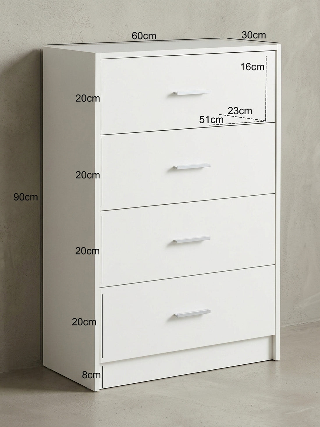 Maßzeichnung Sideboard – Hochglanz, 4 Schubladen, modern, vielseitig