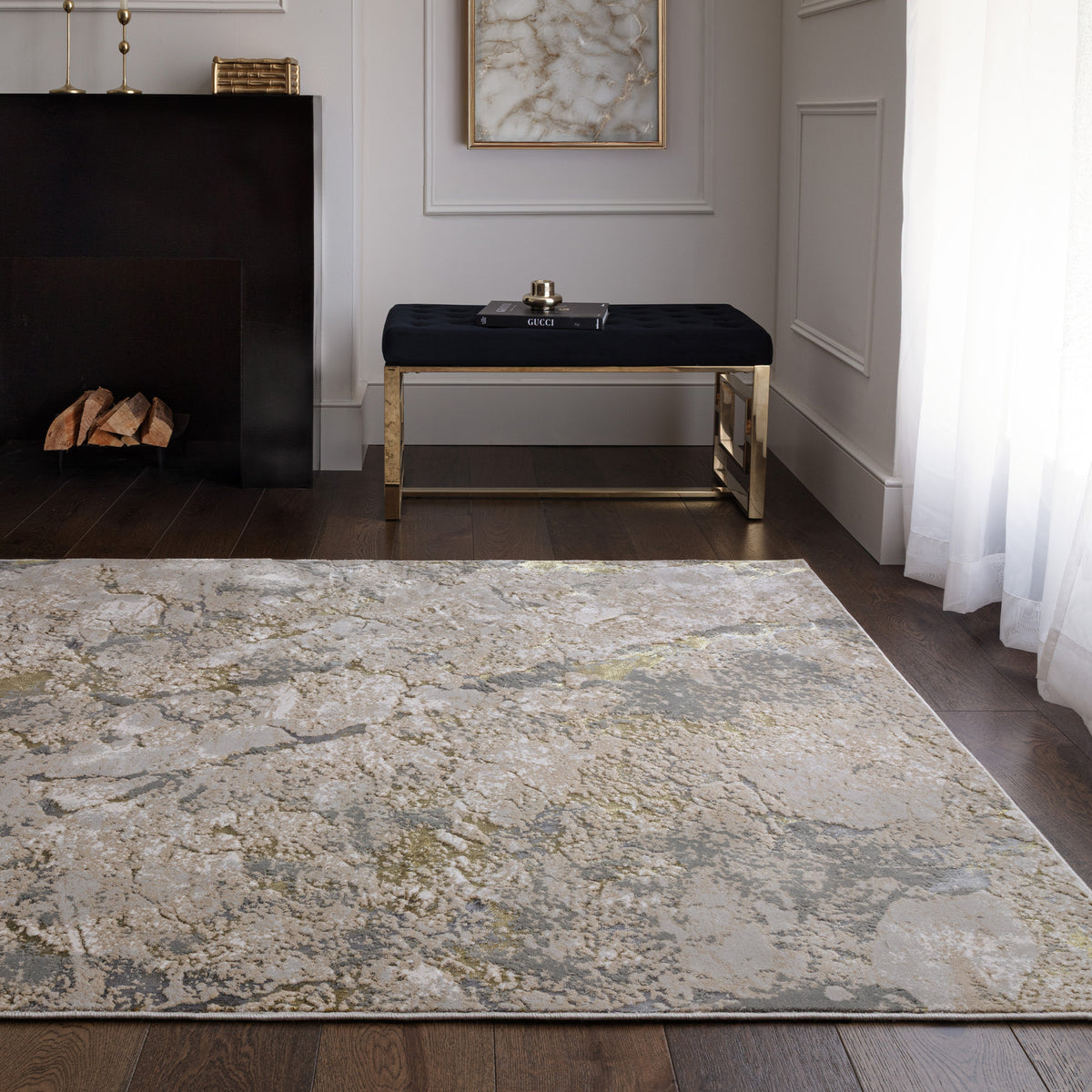 Hochglanz-Teppich 120x170cm - Kurzflor 0-8cm - abstraktes Galaxie-Muster in Gold-Beige-Grau - ideal für kleine Wohnzimmer - Kadima Design