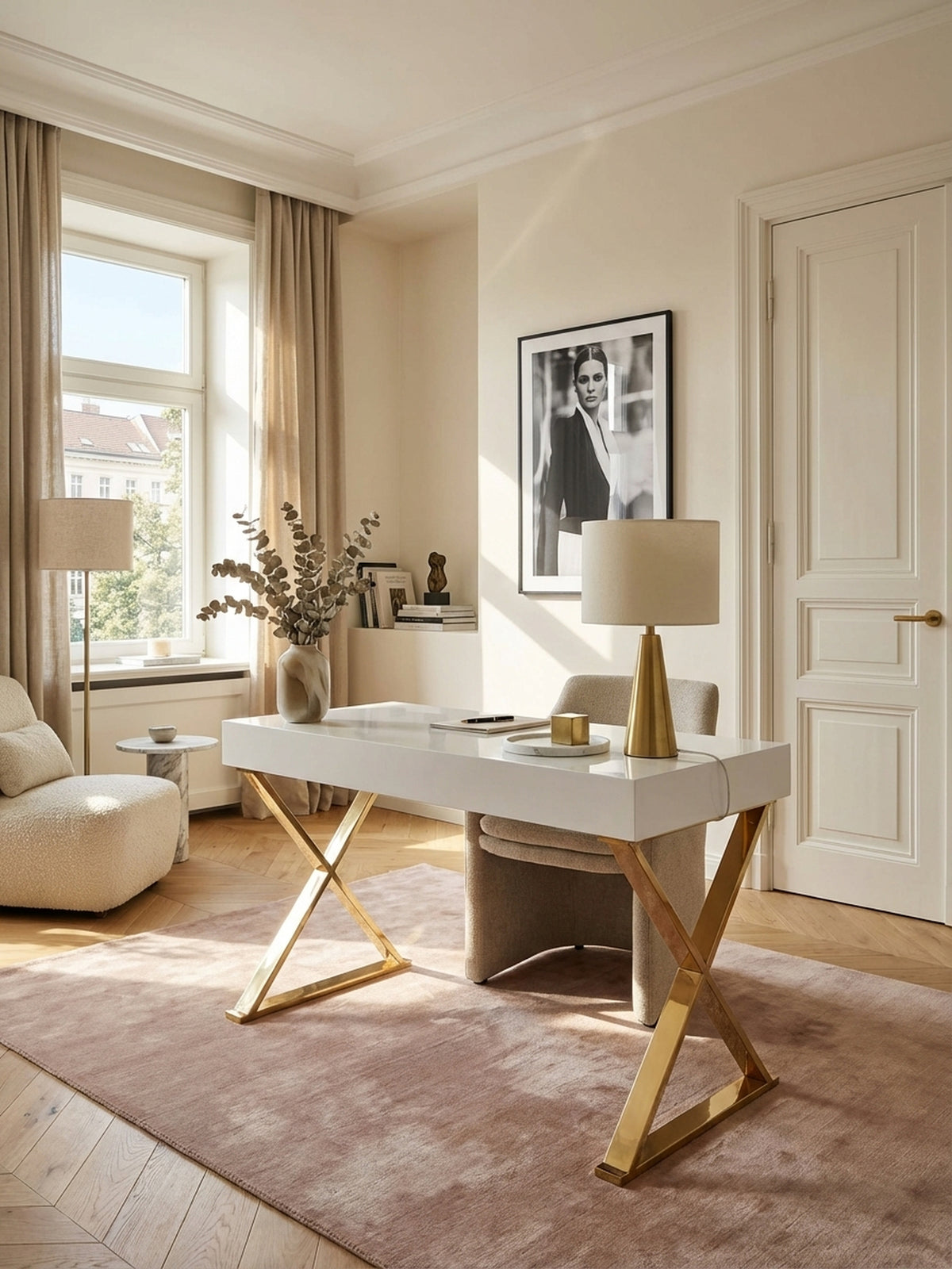 Moderner Schreibtisch in Hochglanz-Weiß mit goldenen Beinen in einem stilvollen Home Office mit einem Teppich in Altrosa und eleganten Messing-Accessoires.