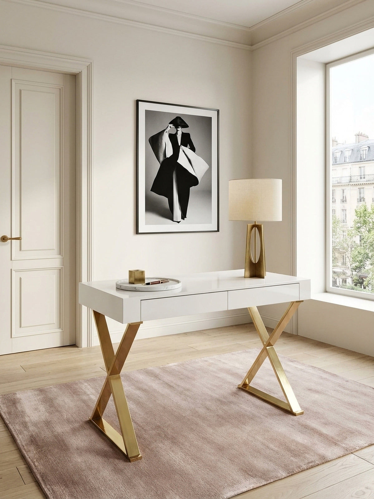 Design-Schreibtisch 118x57 cm von oben, arrangiert mit Stuhl und Teppich, zeigt die kompakte und elegante Lösung für ein modernes Arbeitszimmer oder Büro.