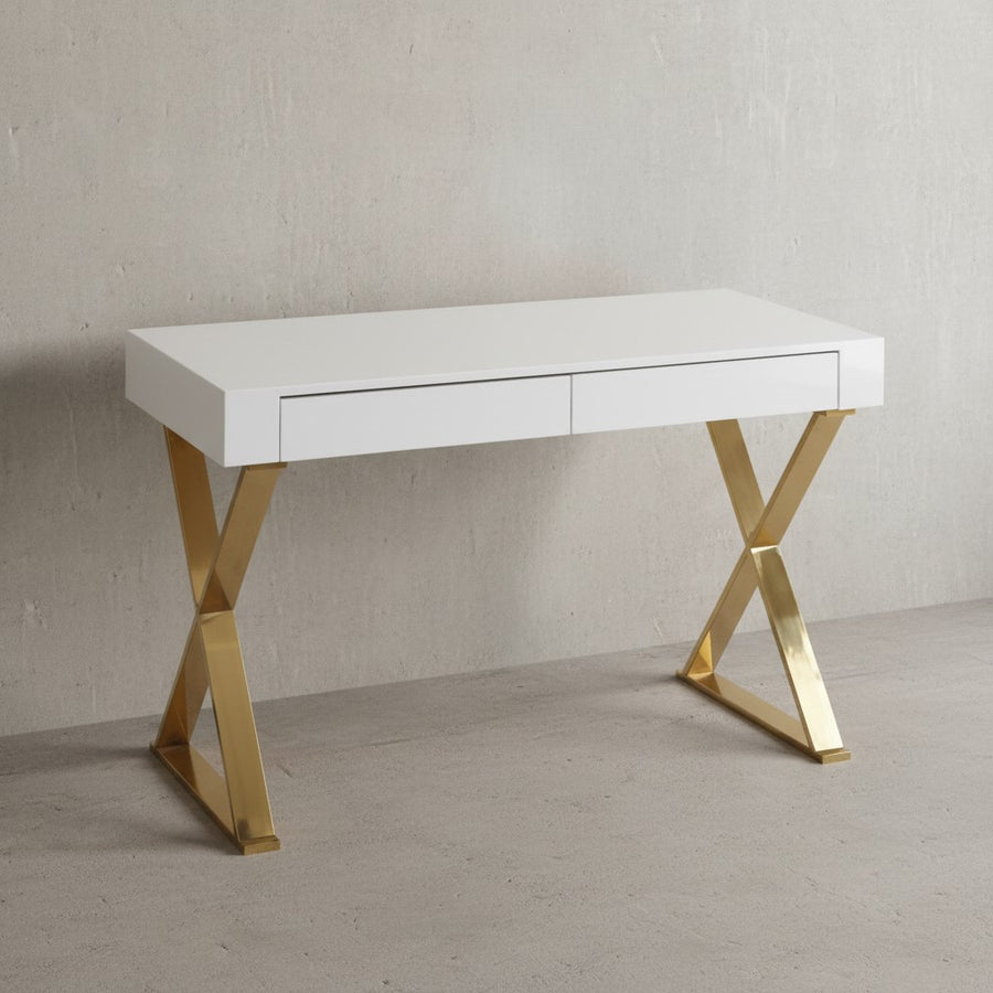 Hochglanz-Weißer Schreibtisch_ Goldene Beine_ Modern_ 2 Schubladen - KADIMA DESIGN_Größe_ 118x57x76 cm_