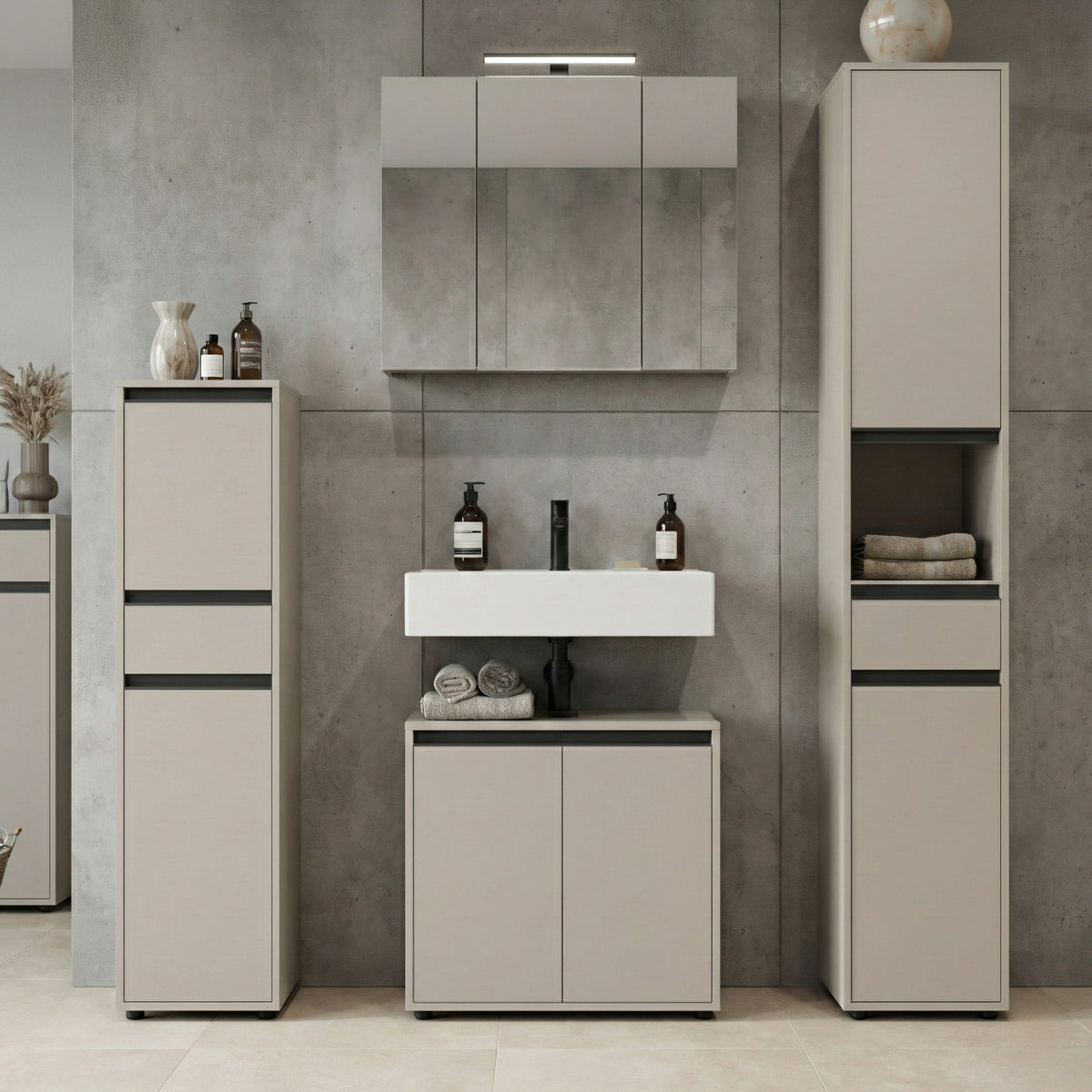 Badezimmerschrank Hochschrank Soft-Close Dämpfung | 33x181x34 cm | Steingrau | Kratzfest | Badmöbel stehend Serie "HAMBURG" Kadima Design_