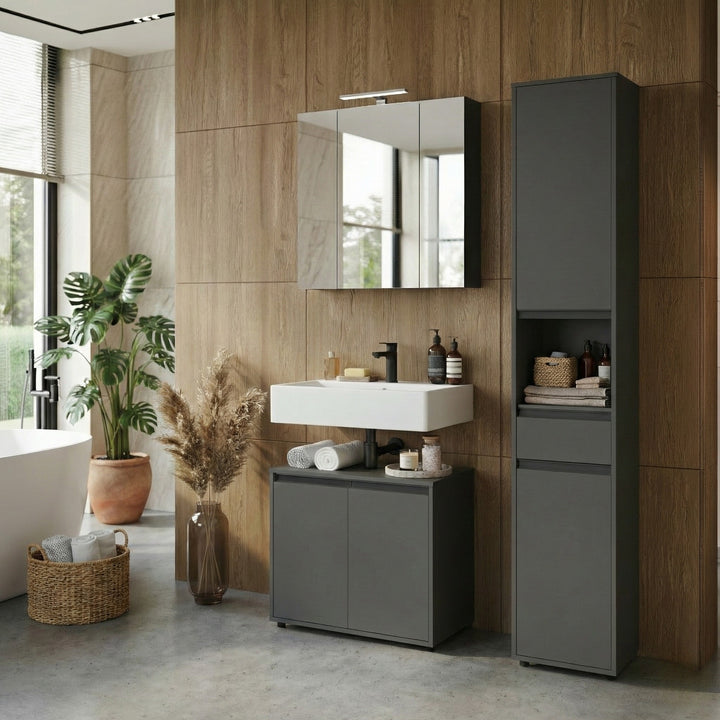 Badezimmerschrank Hochschrank Soft-Close Dämpfung | 33x181x34 cm | Graphit | Kratzfest | Badmöbel stehend Serie &amp;quot;HAMBURG&amp;quot; Kadima Design_