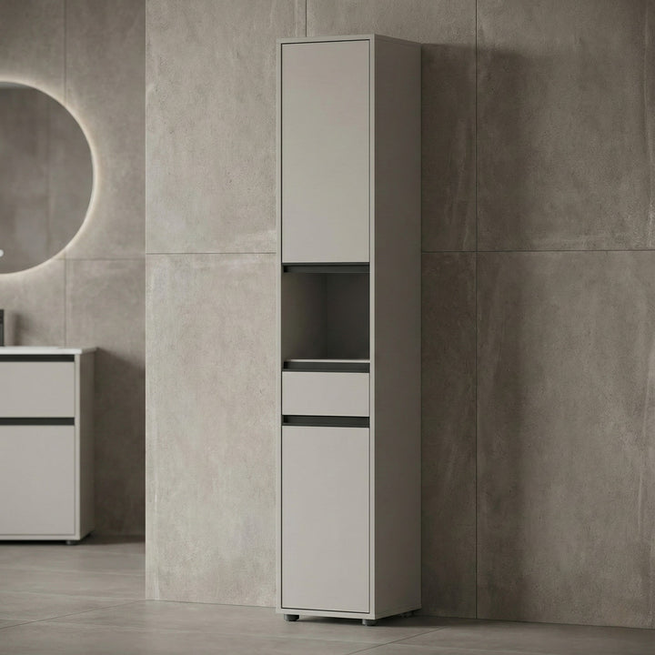 Badezimmerschrank Hochschrank Soft-Close Dämpfung | 33x181x34 cm | Steingrau | Kratzfest | Badmöbel stehend Serie &amp;quot;HAMBURG&amp;quot; Kadima Design_