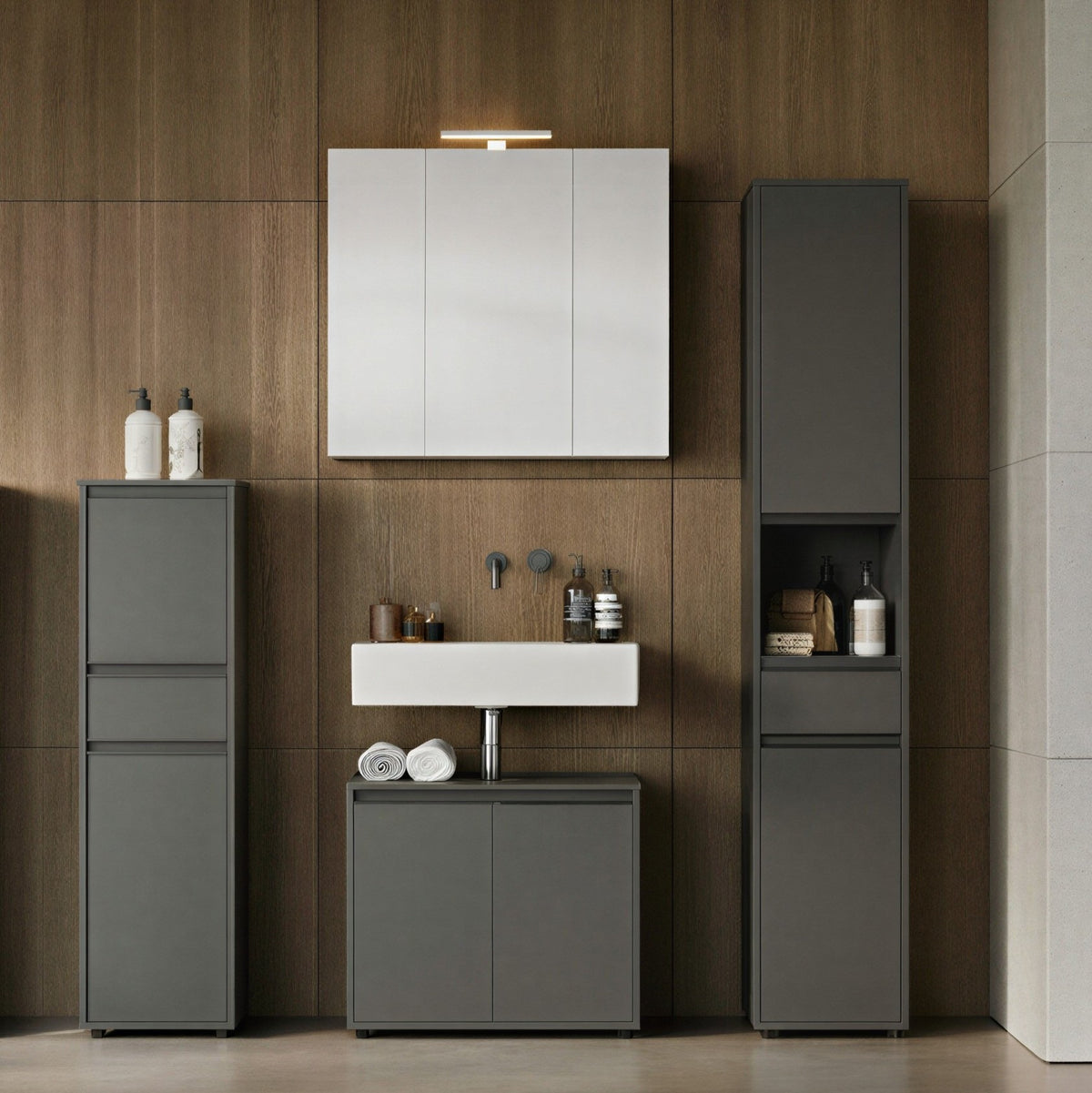 Badezimmerschrank Hochschrank Soft-Close Dämpfung | 33x181x34 cm | Graphit | Kratzfest | Badmöbel stehend Serie "HAMBURG" Kadima Design_