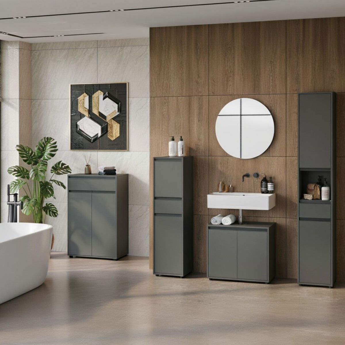 Badezimmerschrank Hochschrank Soft-Close Dämpfung | 33x181x34 cm | Graphit | Kratzfest | Badmöbel stehend Serie "HAMBURG" Kadima Design_