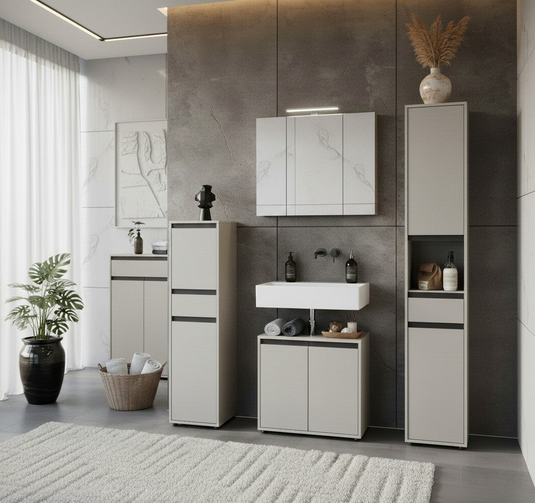 Badezimmerschrank Hochschrank Soft-Close Dämpfung | 33x181x34 cm | Steingrau | Kratzfest | Badmöbel stehend Serie "HAMBURG" Kadima Design_
