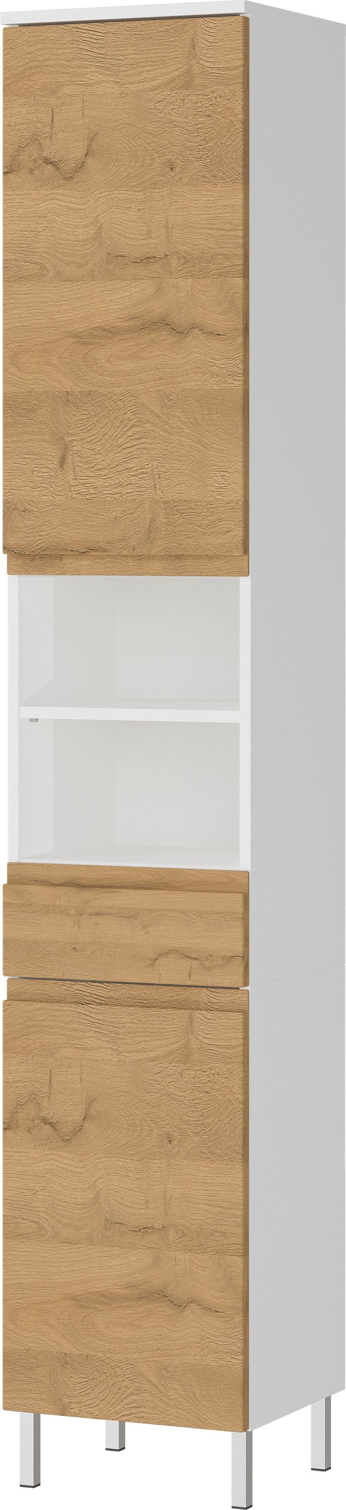 Hochschrank mit einstellbaren Fächern und Schublade_ 34x34x190_ in Weiß und Grandson-Eiche_ mit Chromfüßen_ verstellbare Böden_ VEER-Serie von Kadima Design_Größe_ 34x34x190 cm_#sku_BARK4334_559#