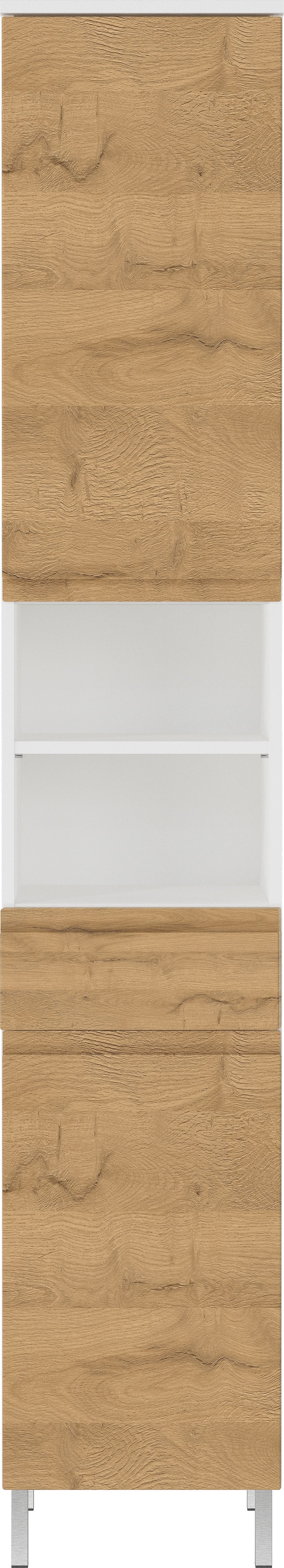 Hochschrank mit einstellbaren Fächern und Schublade  34x34x190  in Weiß und Grandson-Eiche  mit Chromfüßen  verstellbare Böden  VEER-Serie von Kadima Design Größe  34x34x190 cm