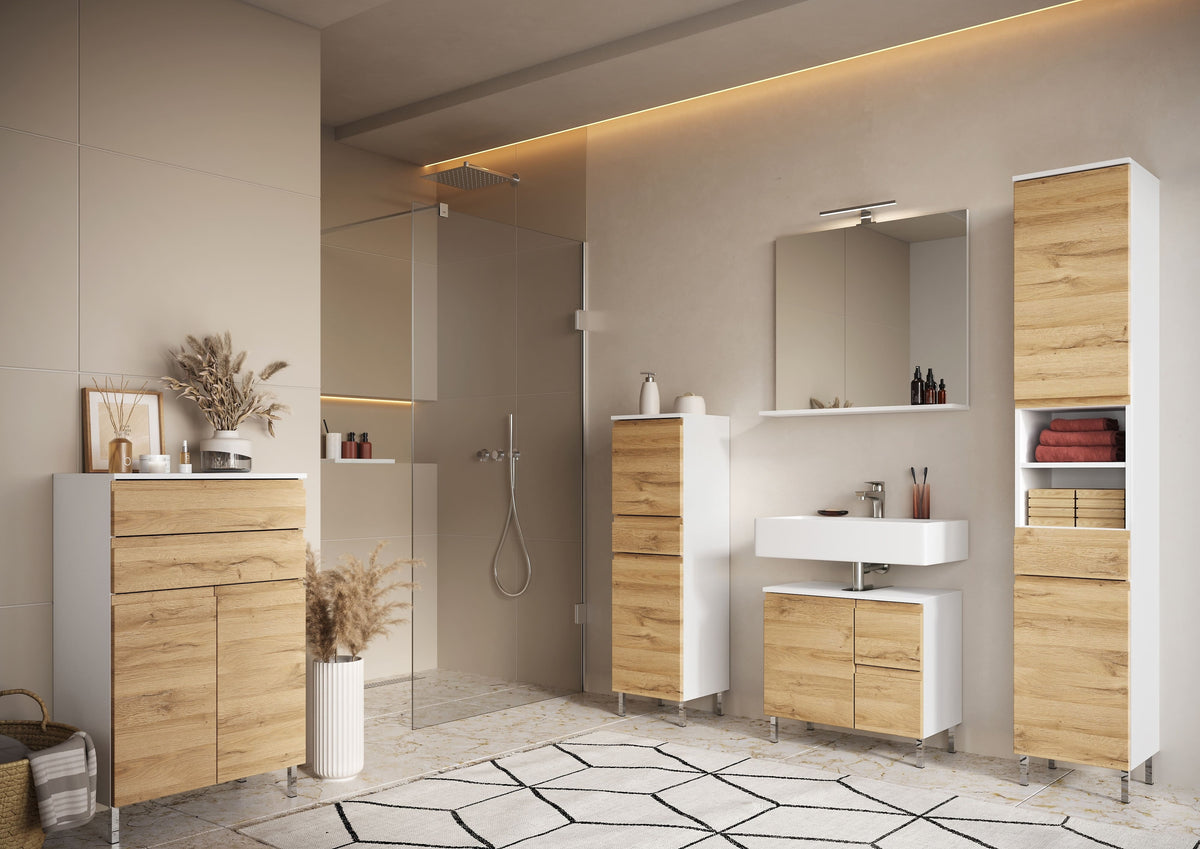 Hochschrank mit einstellbaren Fächern und Schublade_ 34x34x190_ in Weiß und Grandson-Eiche_ mit Chromfüßen_ verstellbare Böden_ VEER-Serie von Kadima Design_Größe_ 34x34x190 cm_