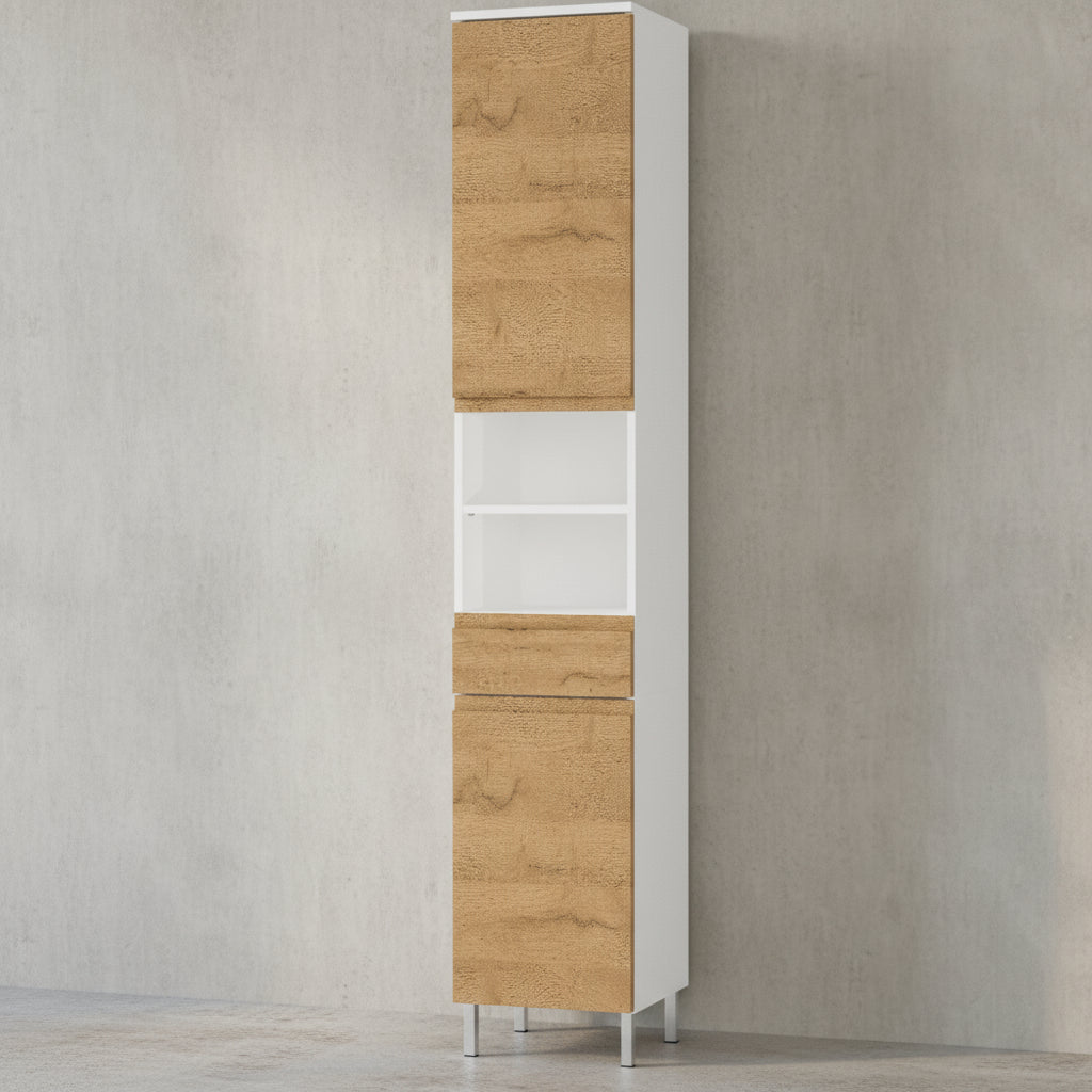 Hochschrank mit einstellbaren Fächern und Schublade  34x34x190  in Weiß und Grandson-Eiche  mit Chromfüßen  verstellbare Böden  VEER-Serie von Kadima Design Größe  34x34x190 cm