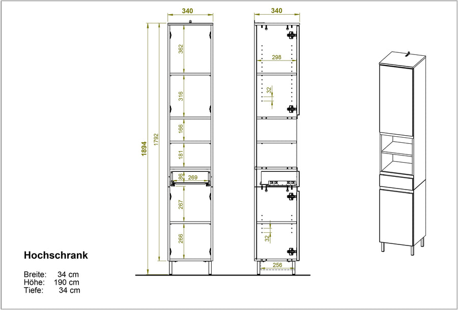 Hochschrank mit einstellbaren Fächern und Schublade_ 34x34x190_ in Weiß und Grandson-Eiche_ mit Chromfüßen_ verstellbare Böden_ VEER-Serie von Kadima Design_Größe_ 34x34x190 cm_