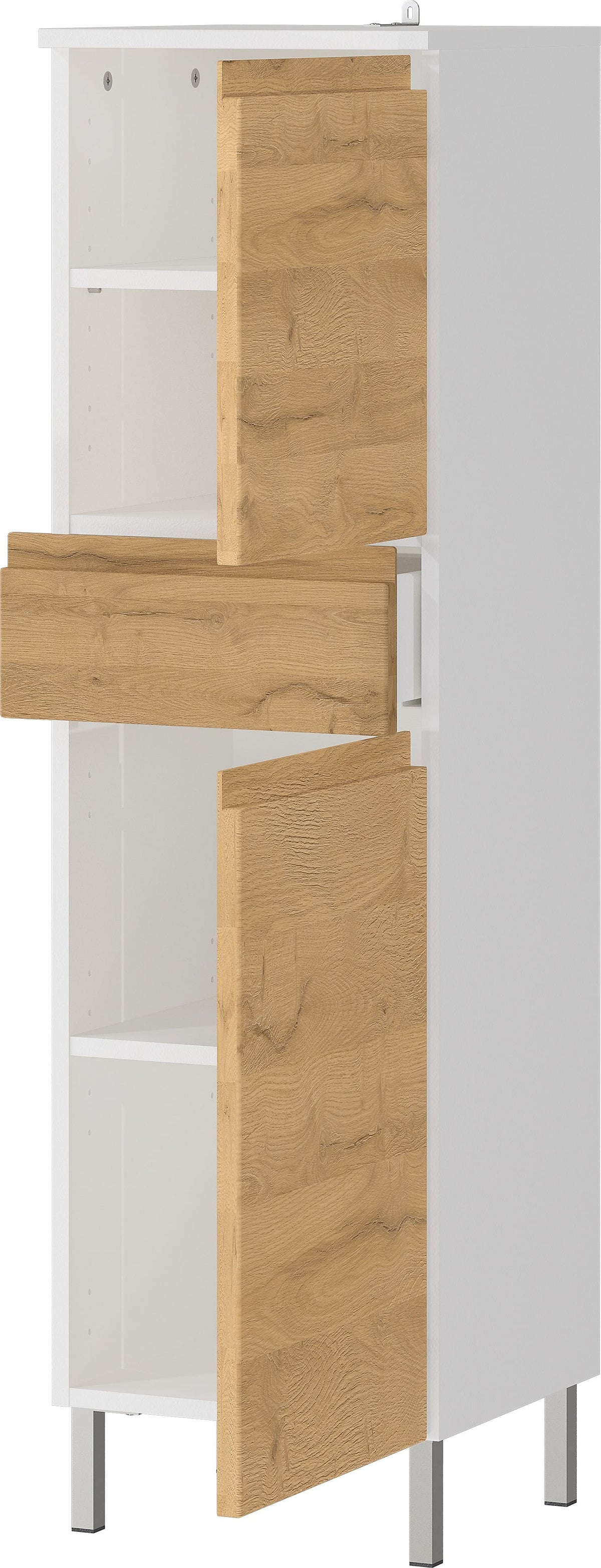 Hochschrank mit verstellbaren Einlegeböden  34x34x120  in Weiß und Grandson-Eiche  Grifflose   Chromfüße  VEER Kollektion von Kadima Design Größe  34x34x120 cm