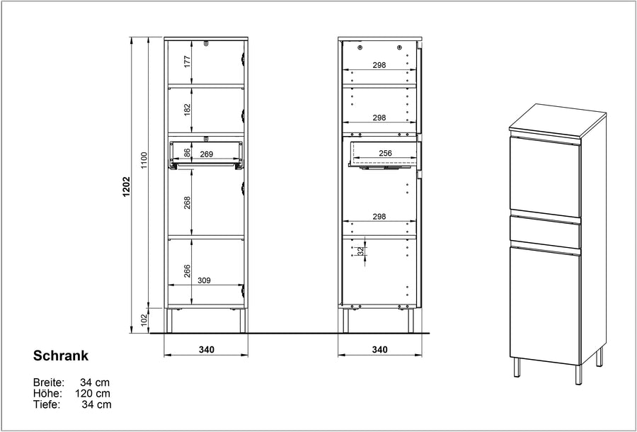Hochschrank mit verstellbaren Einlegeböden_ 34x34x120_ in Weiß und Grandson-Eiche_ Grifflose_  Chromfüße_ VEER Kollektion von Kadima Design_Größe_ 34x34x120 cm_