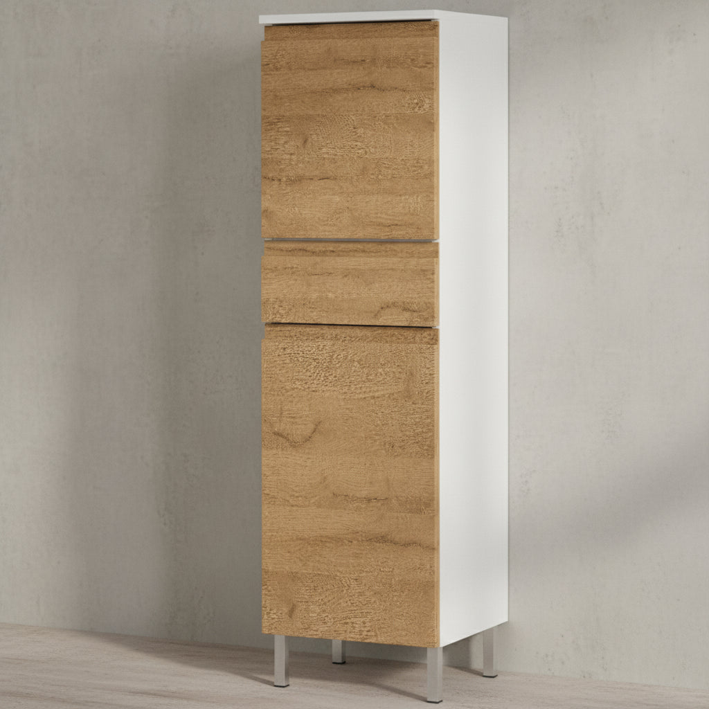 Hochschrank mit verstellbaren Einlegeböden_ 34x34x120_ in Weiß und Grandson-Eiche_ Grifflose_  Chromfüße_ VEER Kollektion von Kadima Design_Größe_ 34x34x120 cm_
