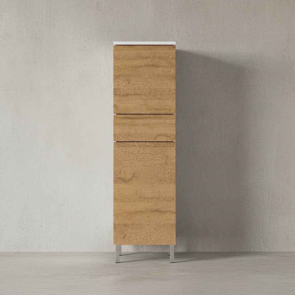Hochschrank mit verstellbaren Einlegeböden  34x34x120  in Weiß und Grandson-Eiche  Grifflose   Chromfüße  VEER Kollektion von Kadima Design Größe  34x34x120 cm