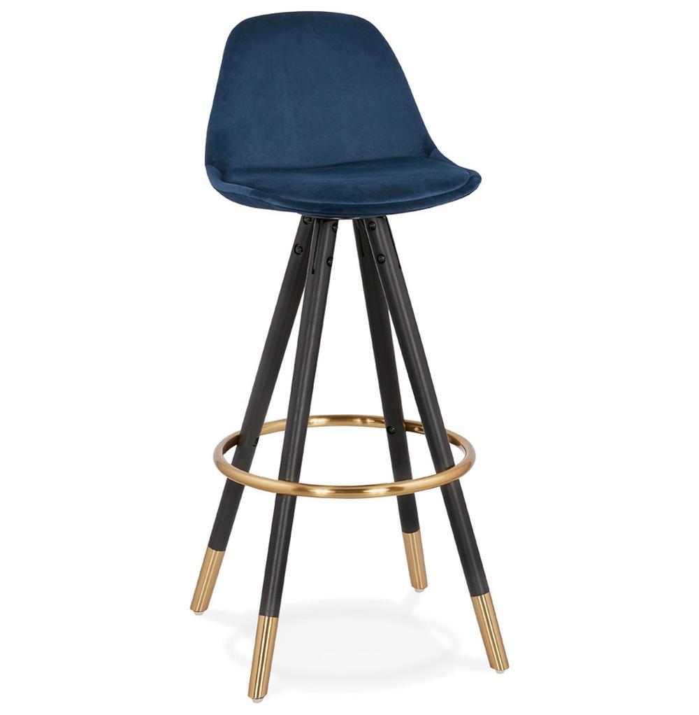 Blauer Samt-Barhocker - 75cm Sitzhöhe - schwarze Holzbeine - ergonomische Rückenlehne für Komfort an Kücheninseln - LURALI Kollektion_