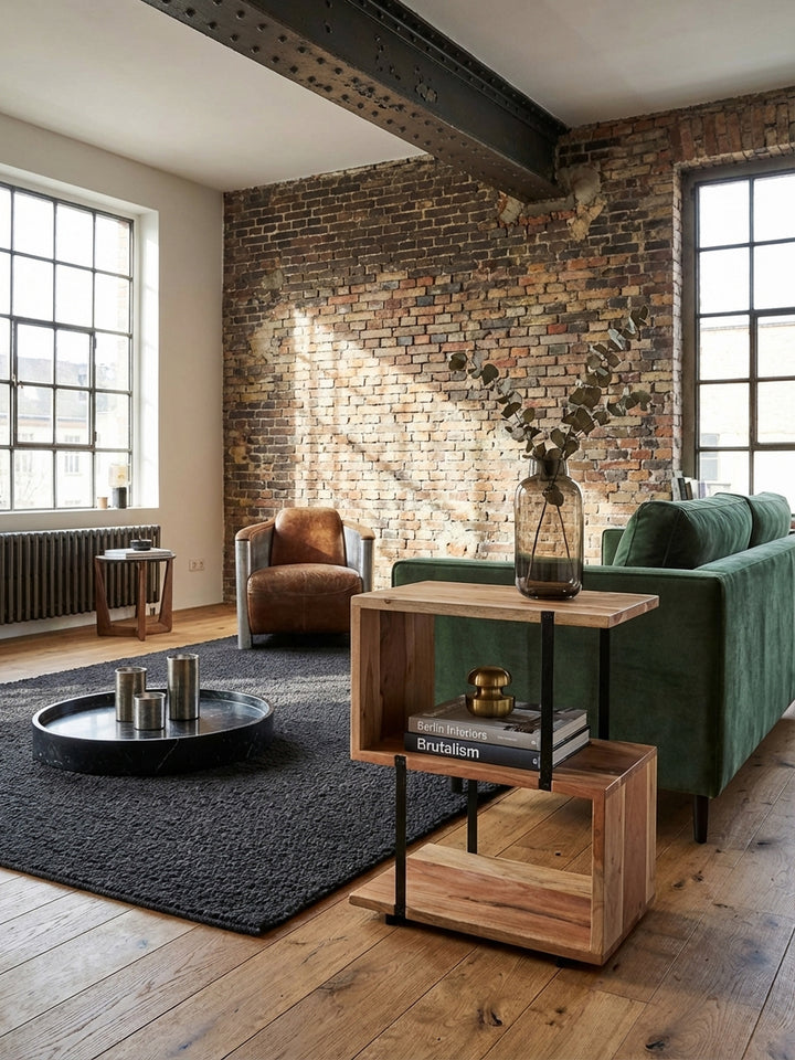 Draufsicht auf den S-förmigen Holztisch 45x60cm, der als Ablagetisch im Wohnzimmer platziert ist und die vielseitigen Ablagemöglichkeiten aus der Vogelperspektive zeigt._