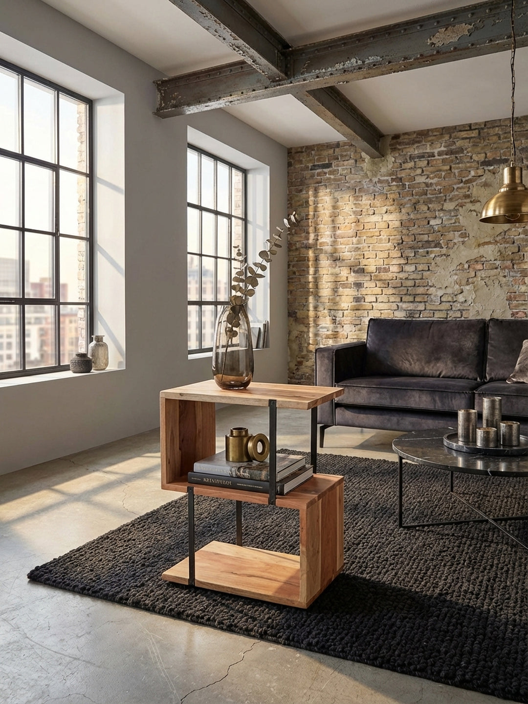 Beistelltisch in S-Form aus Akazie Massivholz neben einem Sofa im Industrial-Stil Wohnzimmer, elegant dekoriert mit Vase und Büchern auf Holzboden._