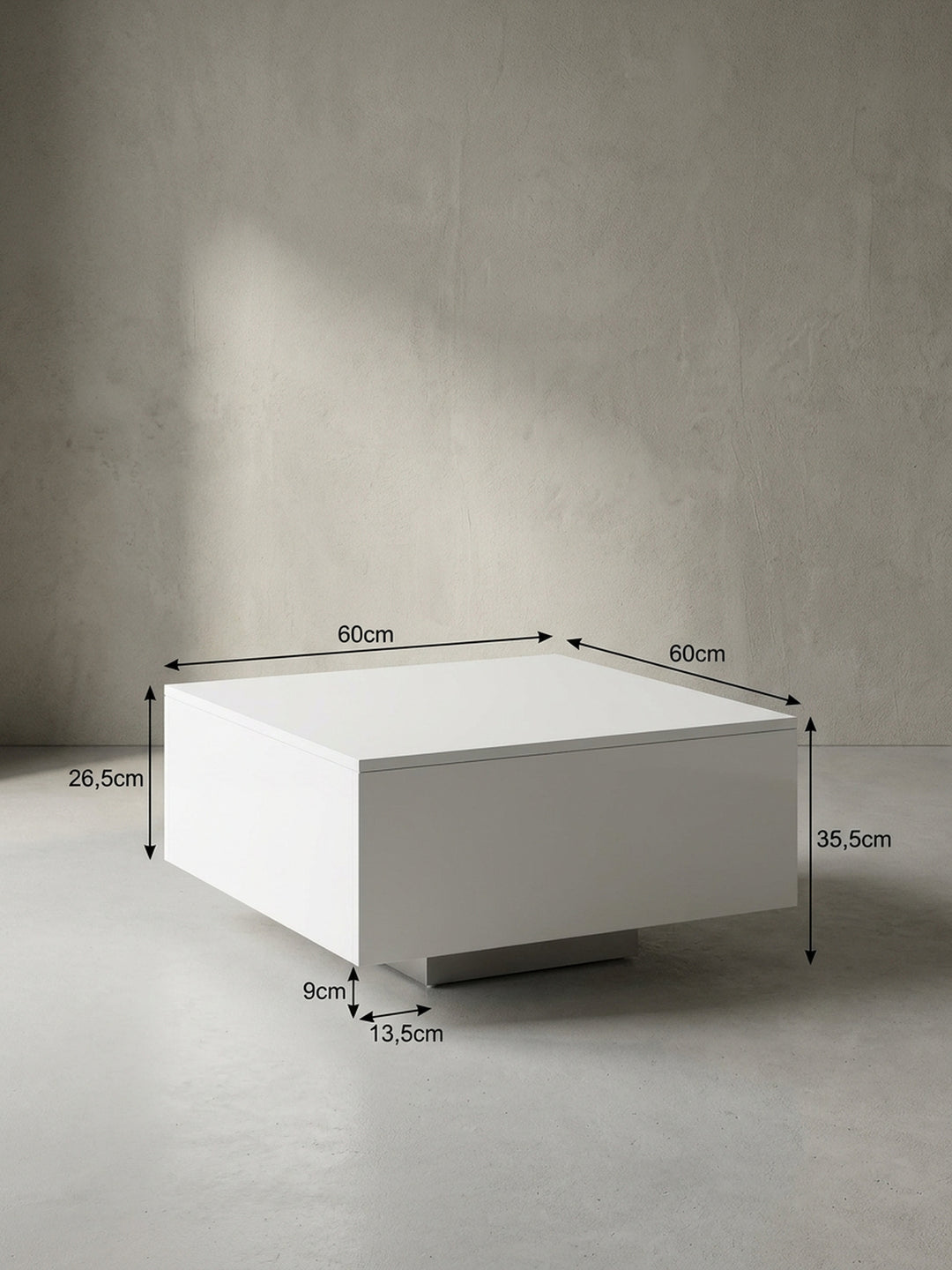 Technische Maßzeichnung des kleinen Couchtisches mit Pfeilen: Breite 60 cm, Tiefe 60 cm, Gesamthöhe 35,5 cm inklusive 9 cm Sockelhöhe._