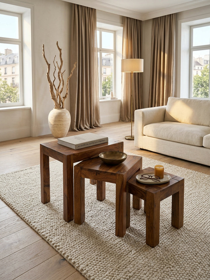 Holz Satztisch Set &amp;quot;NAKO&amp;quot;_ 3-teilig_ Landhaus-Stil_ Massivholz_ platzsparend_ 45x50x36 cm_ 37x38x30 cm_ 30x25x25 cm - KADIMA DESIGN_Farbe_ Braun_ Größe_ 50x36x45 cm_