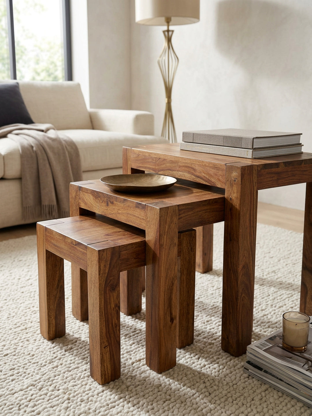 Holz Satztisch Set "NAKO"_ 3-teilig_ Landhaus-Stil_ Massivholz_ platzsparend_ 45x50x36 cm_ 37x38x30 cm_ 30x25x25 cm - KADIMA DESIGN_Farbe_ Braun_ Größe_ 50x36x45 cm_