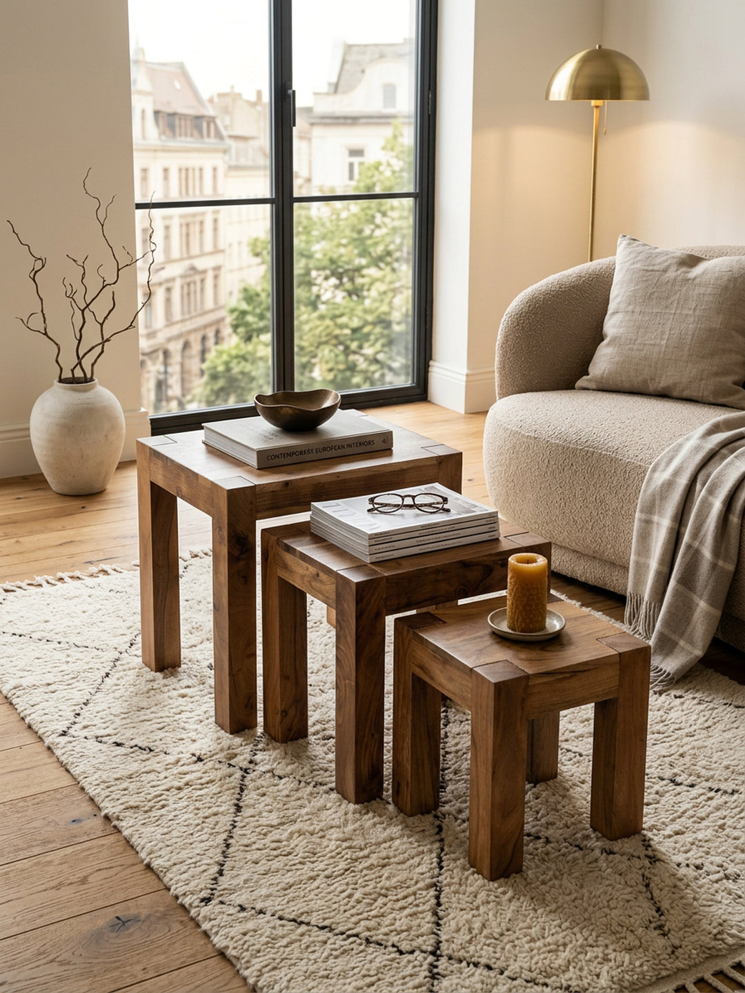 Holz Satztisch Set "NAKO"_ 3-teilig_ Landhaus-Stil_ Massivholz_ platzsparend_ 45x50x36 cm_ 37x38x30 cm_ 30x25x25 cm - KADIMA DESIGN_Farbe_ Braun_ Größe_ 50x36x45 cm_