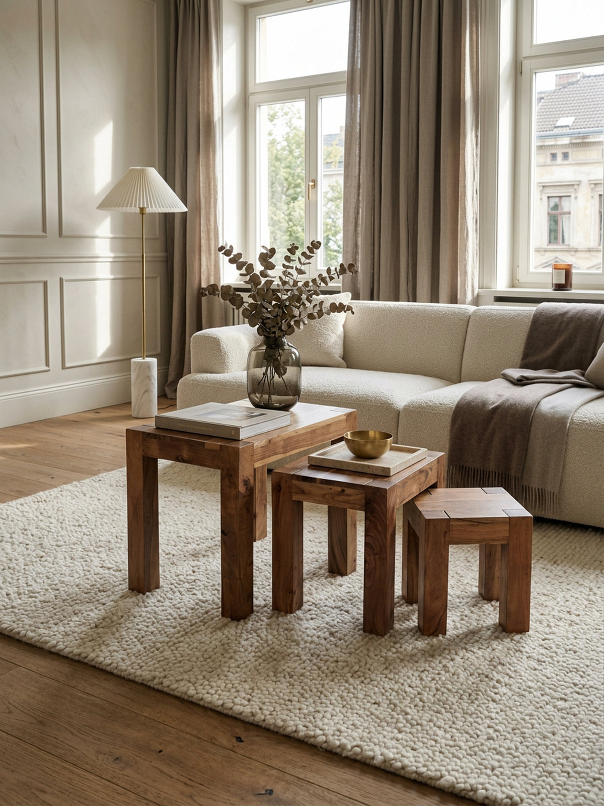 Holz Satztisch Set "NAKO"  3-teilig  Landhaus-Stil  Massivholz  platzsparend  45x50x35 cm  37x38x30 cm  30x25x25 cm - KADIMA DESIGN Farbe  Braun  Größe  45x35x50 cm