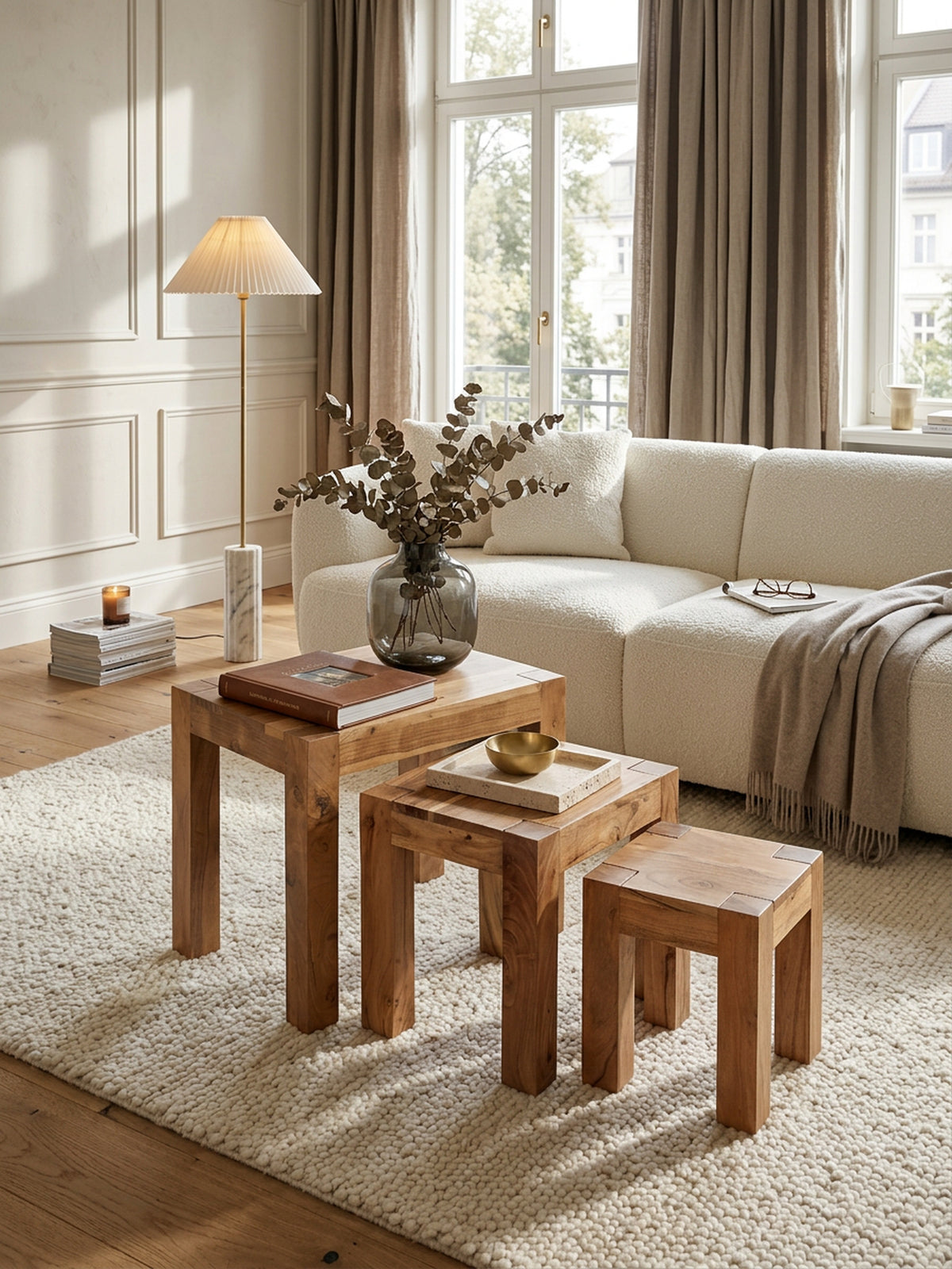 Holz Satztisch Set "NAKO"_ 3-teilig_ Landhaus-Stil_ Massivholz_ platzsparend_ 45x50x36 cm_ 37x38x30 cm_ 30x25x25 cm - KADIMA DESIGN_Farbe_ Beige_ Größe_ 50x36x45 cm_