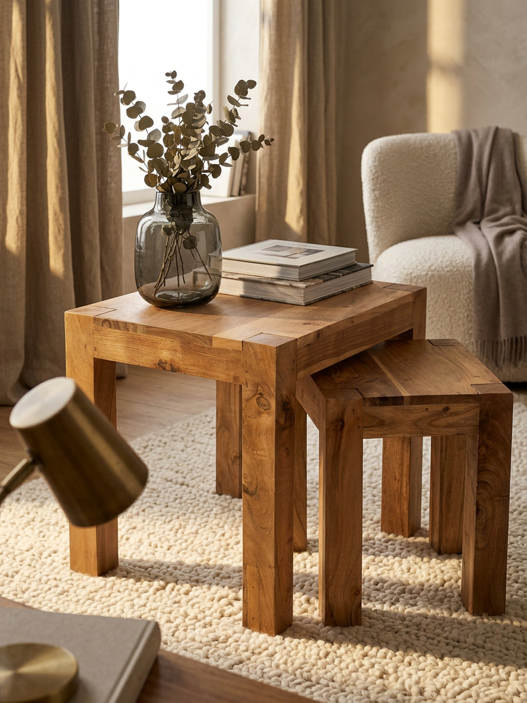 Holz Satztisch Set "NAKO"_ 3-teilig_ Landhaus-Stil_ Massivholz_ platzsparend_ 45x50x36 cm_ 37x38x30 cm_ 30x25x25 cm - KADIMA DESIGN_Farbe_ Beige_ Größe_ 50x36x45 cm_