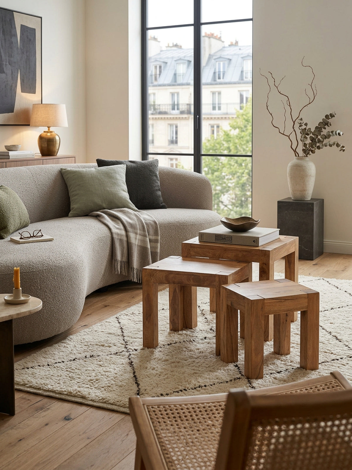 Holz Satztisch Set "NAKO"_ 3-teilig_ Landhaus-Stil_ Massivholz_ platzsparend_ 45x50x36 cm_ 37x38x30 cm_ 30x25x25 cm - KADIMA DESIGN_Farbe_ Beige_ Größe_ 50x36x45 cm_