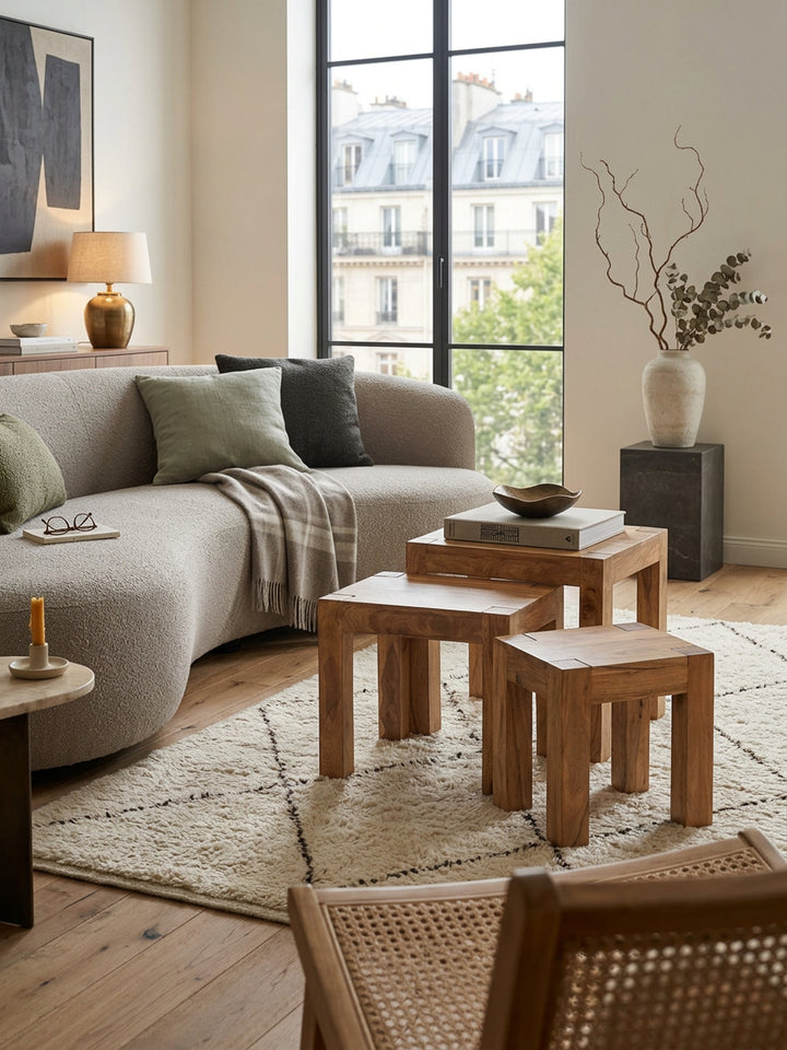 Holz Satztisch Set &amp;quot;NAKO&amp;quot;_ 3-teilig_ Landhaus-Stil_ Massivholz_ platzsparend_ 45x50x36 cm_ 37x38x30 cm_ 30x25x25 cm - KADIMA DESIGN_Farbe_ Beige_ Größe_ 50x36x45 cm_