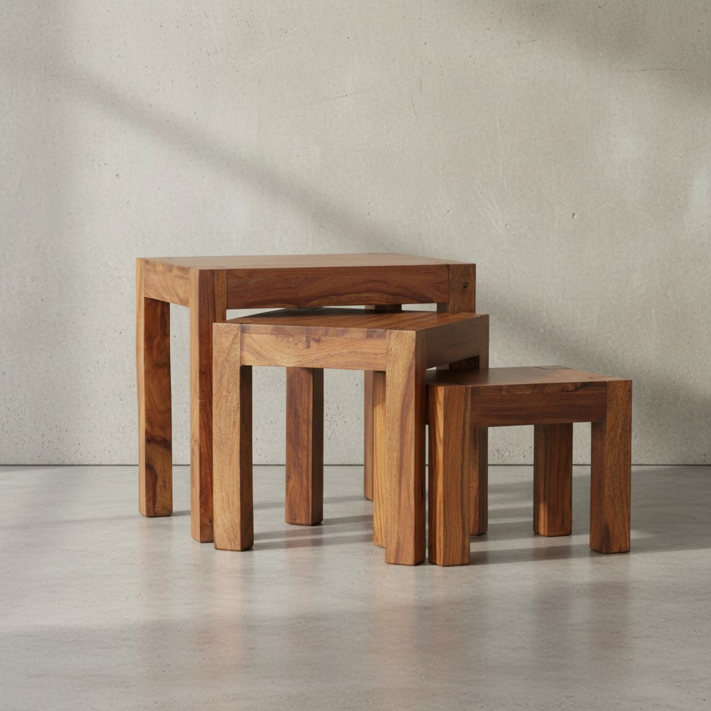 Holz Satztisch Set "NAKO"  3-teilig  Landhaus-Stil  Massivholz  platzsparend  45x50x35 cm  37x38x30 cm  30x25x25 cm - KADIMA DESIGN Farbe  Braun  Größe  45x35x50 cm
