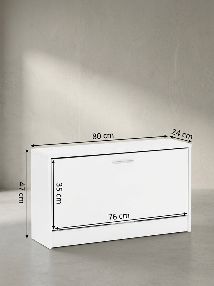 Technische Skizze der weißen Flurbank mit genauen Bemaßungen von 80 cm Breite und 47 cm Höhe für die exakte Raumplanung._