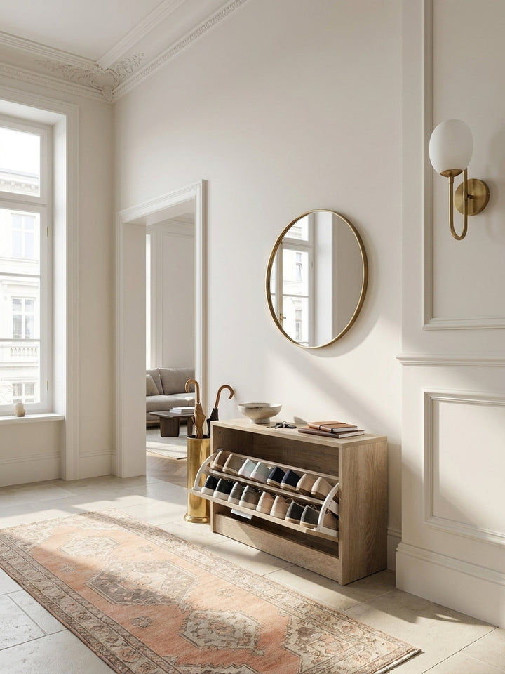 Nahaufnahme der Holzmaserung und des minimalen silbernen Griffs an der Front der 80x47x24 cm großen Schuhbank im Entrée._